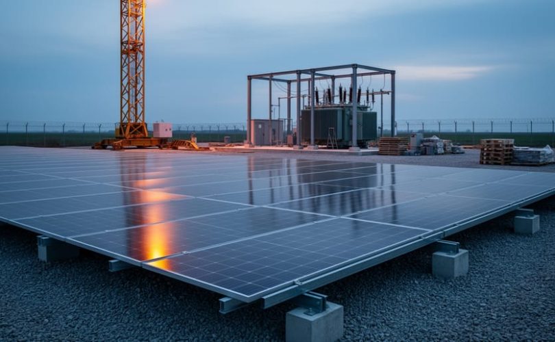 Twilight view of a solar panel installation site with construction equipment and nearby electrical infrastructure in the background.