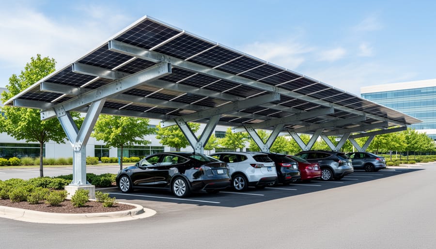 Solar carport with solar panels mounted in a horizontal orientation on metal mounting hardware