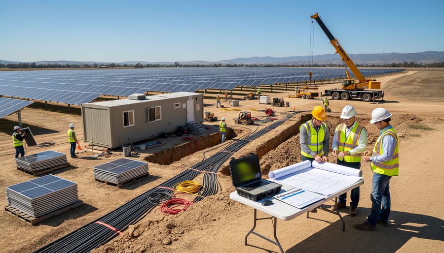 Workers in hard hats review solar construction equipment near inverter cabinets on a panel installation site.