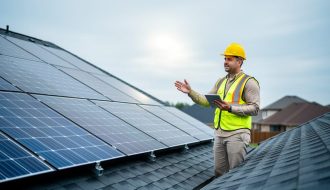 Technician on a residential roof reviewing solar panels with a tablet during a solar energy assessment.