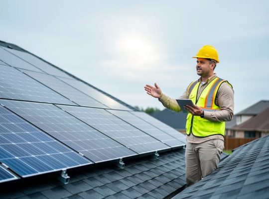 Technician on a residential roof reviewing solar panels with a tablet during a solar energy assessment.