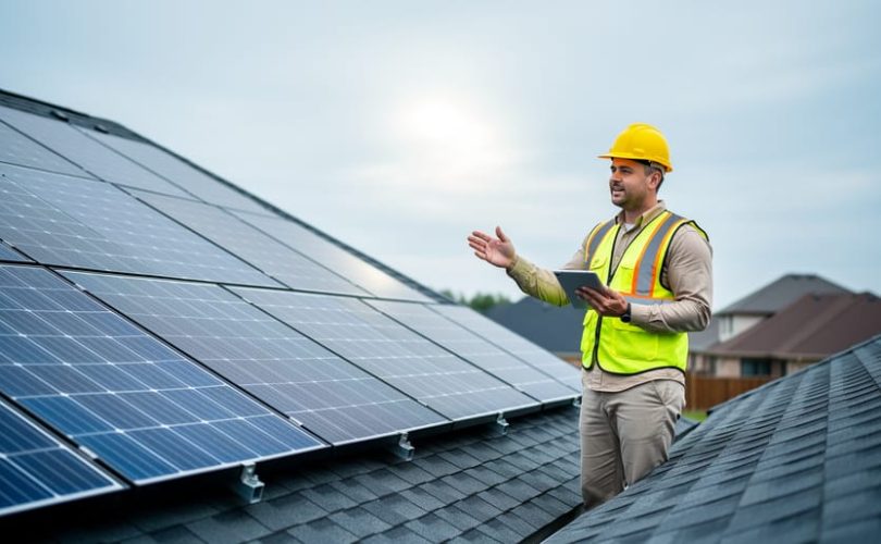 Technician on a residential roof reviewing solar panels with a tablet during a solar energy assessment.