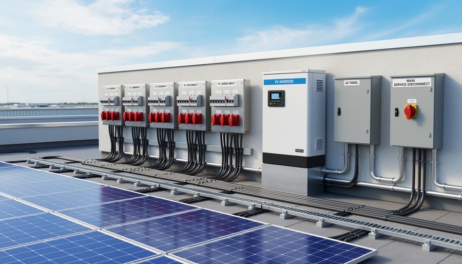 Exterior inverter and electrical safety disconnect equipment next to rooftop solar cabling