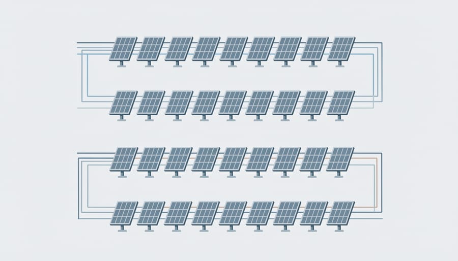 Solar panel groups on a training mount showing separated panel string groupings