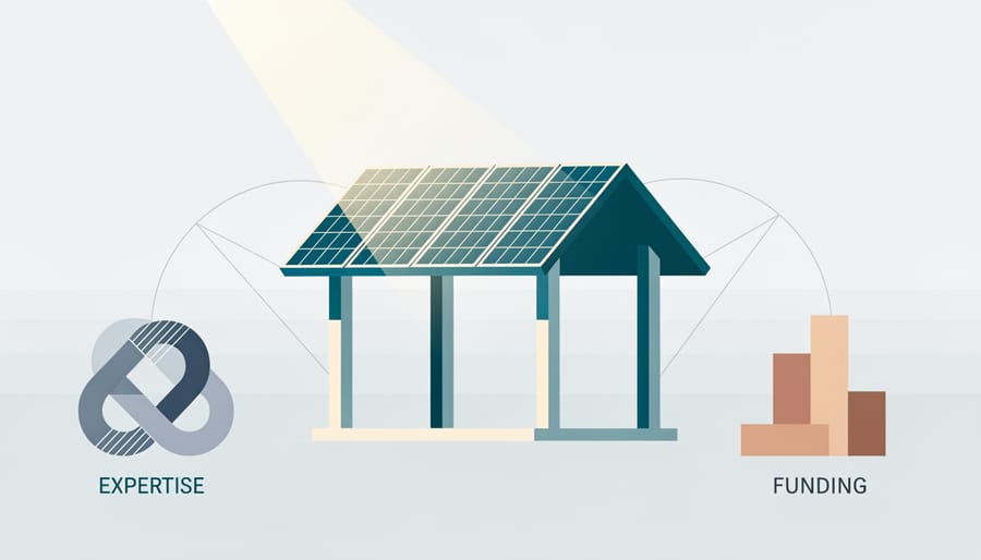 Low-angle view of a solar-paneled structure with golden light cutting through fog