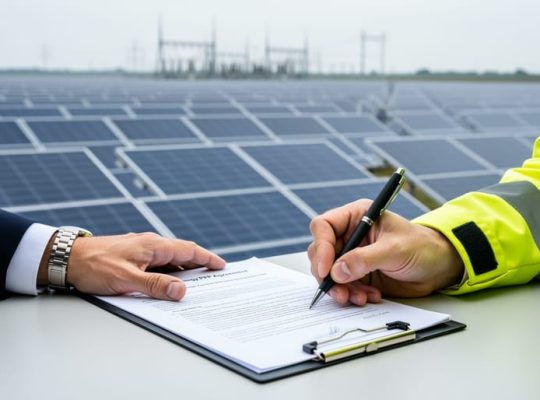 Two people signing a solar public-private partnership contract next to a utility-scale solar farm with rows of photovoltaic panels in the background.