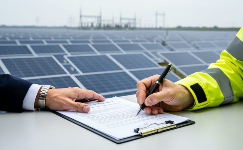 Two people signing a solar public-private partnership contract next to a utility-scale solar farm with rows of photovoltaic panels in the background.