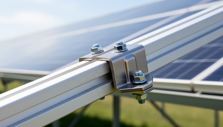 Solar PV mounting structure featuring anodized aluminum frame and stainless steel fasteners in outdoor light