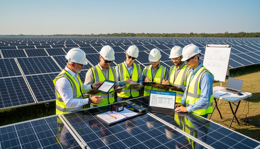 Trainees and an instructor inspecting solar PV components during hands-on training