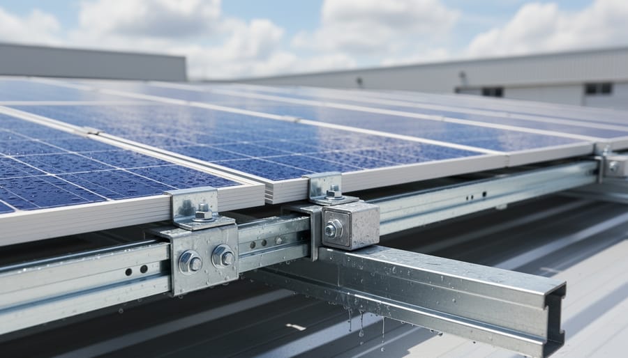 Weather-damp solar PV racking and fasteners in a solar farm environment