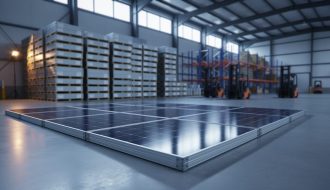 Stacked solar PV modules in a modern warehouse, representing inventory optimization across photovoltaic supply chains.