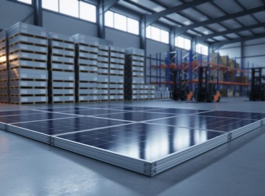 Stacked solar PV modules in a modern warehouse, representing inventory optimization across photovoltaic supply chains.