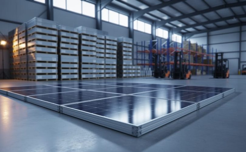 Stacked solar PV modules in a modern warehouse, representing inventory optimization across photovoltaic supply chains.