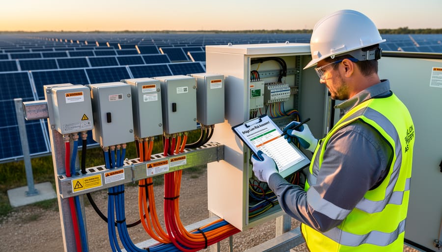 Solar site electrical infrastructure with locked disconnect equipment and cable trays in a substation area.