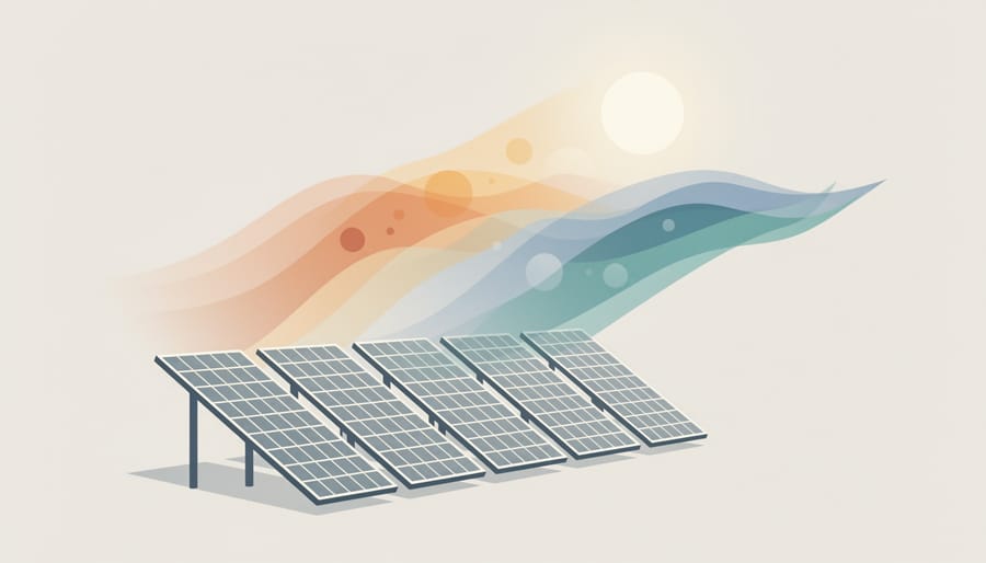 Solar thermal collector array at golden hour with warm sunlight reflecting off metal surfaces