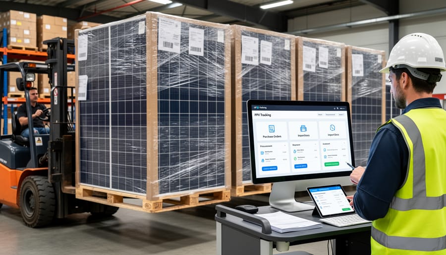 Warehouse loading dock with solar module pallet and customs paperwork beside it, with gloved hands placing the documents.