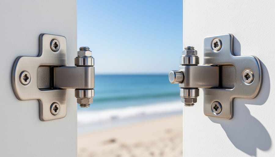 Close-up of stainless steel solar bracket and fasteners with water beads suggesting coastal exposure