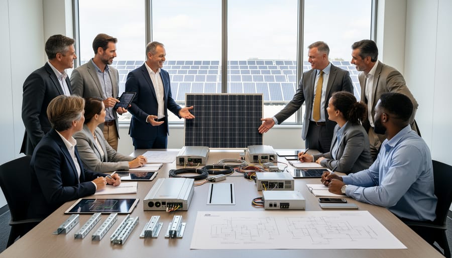 People reviewing solar PV equipment and inverter components during a site discussion