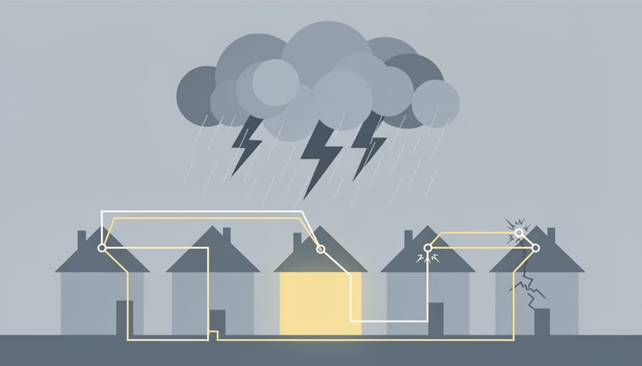 Storm clouds and distant lightning over a rooftop solar PV array