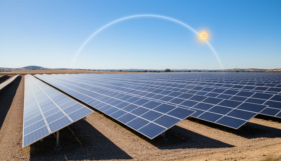 Sunlight illuminating solar panel rows on a farm under a clear sky.