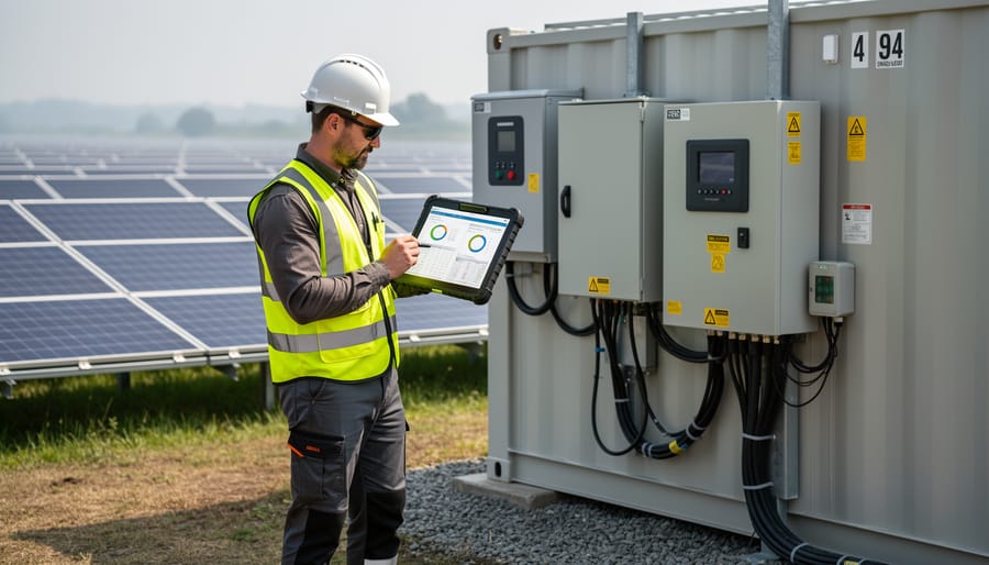 Technician inspecting battery and inverter equipment at a solar power station while holding a rugged tablet