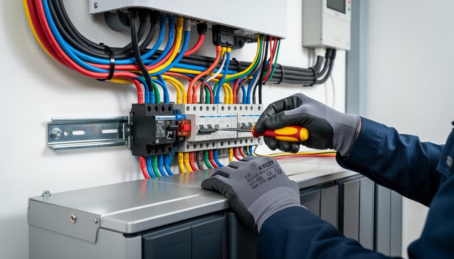 Technician’s gloved hands connecting cables to an inverter and battery storage system inside a utility room