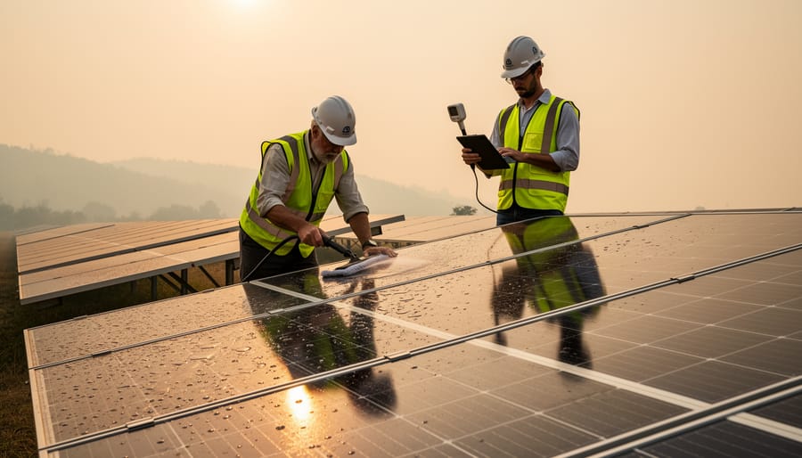 Technician cleaning ash from solar panel glass during wildfire season conditions