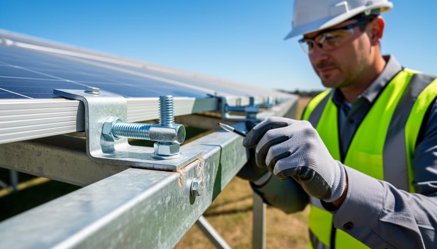 Technician inspecting grounding and electrical components on a solar PV installation