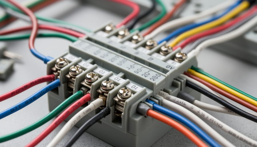 Gloved technician hands connecting solar PV wiring near a rooftop junction box