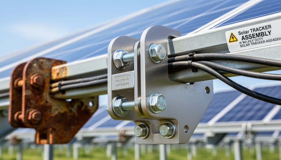 Titanium-like specialized fastener near a solar tracker pivot joint in golden hour sunlight