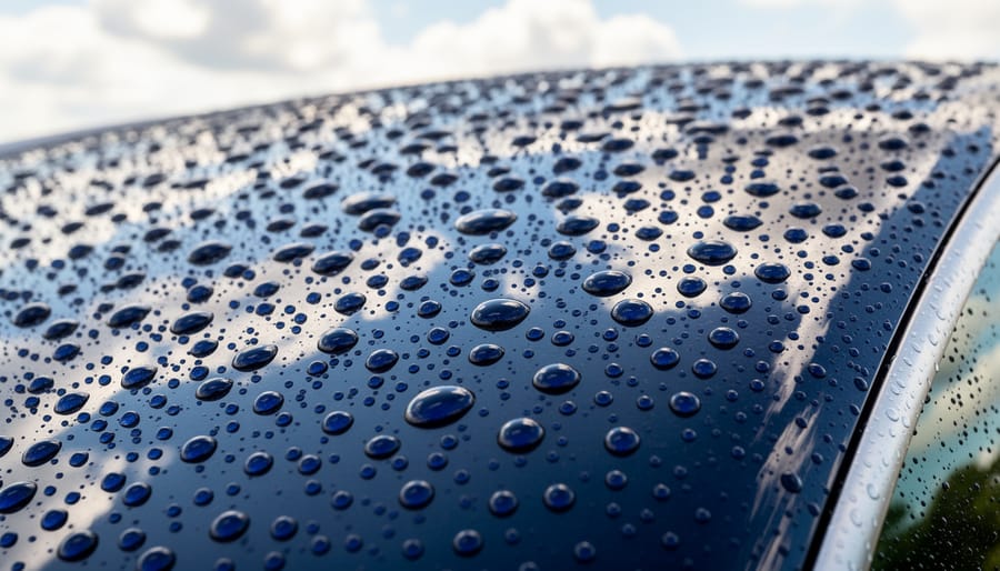 Close-up of water beading on a protected Tesla Model Y paint surface