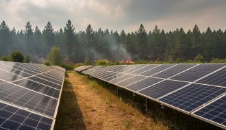 Solar photovoltaic panels in a forest clearing with maintained vegetation, viewed from low ground level, under smoky wildfire haze in the distance.