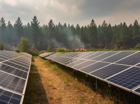 Solar photovoltaic panels in a forest clearing with maintained vegetation, viewed from low ground level, under smoky wildfire haze in the distance.