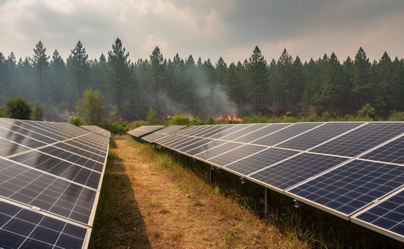 Solar photovoltaic panels in a forest clearing with maintained vegetation, viewed from low ground level, under smoky wildfire haze in the distance.
