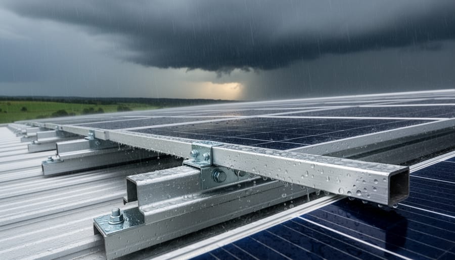 Solar panels and mounting hardware with water droplets in rainy outdoor conditions