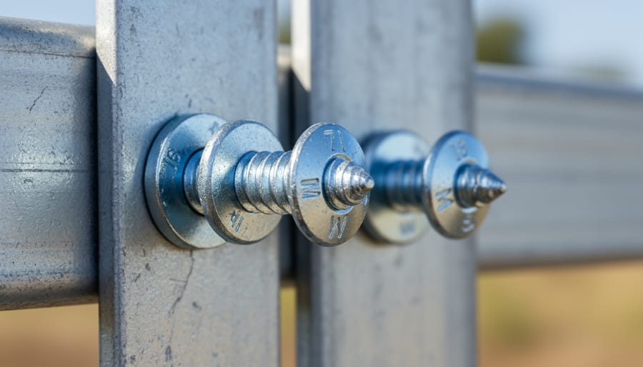 Macro view of zinc-coated steel bolt and washer surface texture