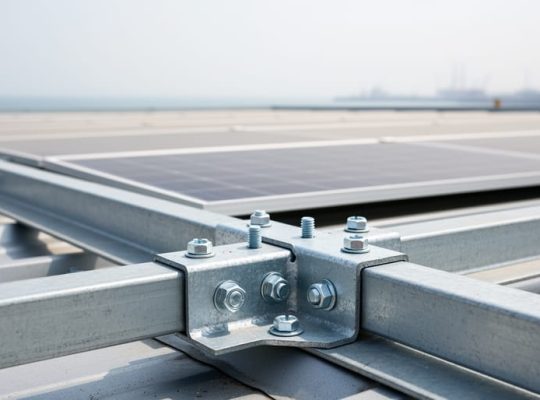 Close-up of galvanized solar PV mounting hardware with zinc-coated fasteners and primer, with a solar panel array softly blurred in the background.