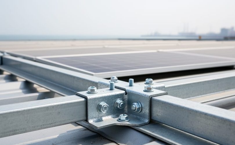 Close-up of galvanized solar PV mounting hardware with zinc-coated fasteners and primer, with a solar panel array softly blurred in the background.